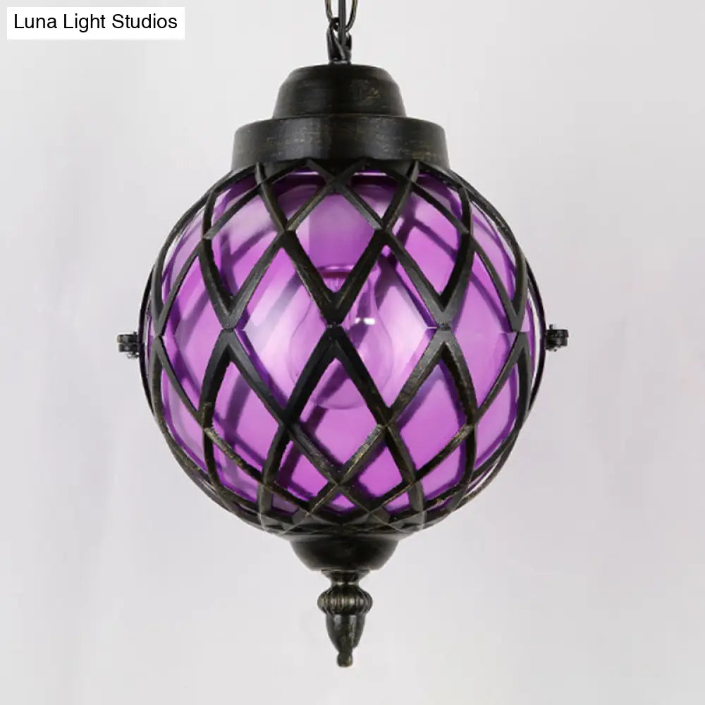 DecorBites™ Restaurant Pendant Lighting: Moroccan Black Ceiling Light with Globe Amber/Green/Purple Glass Shade - 1 Light