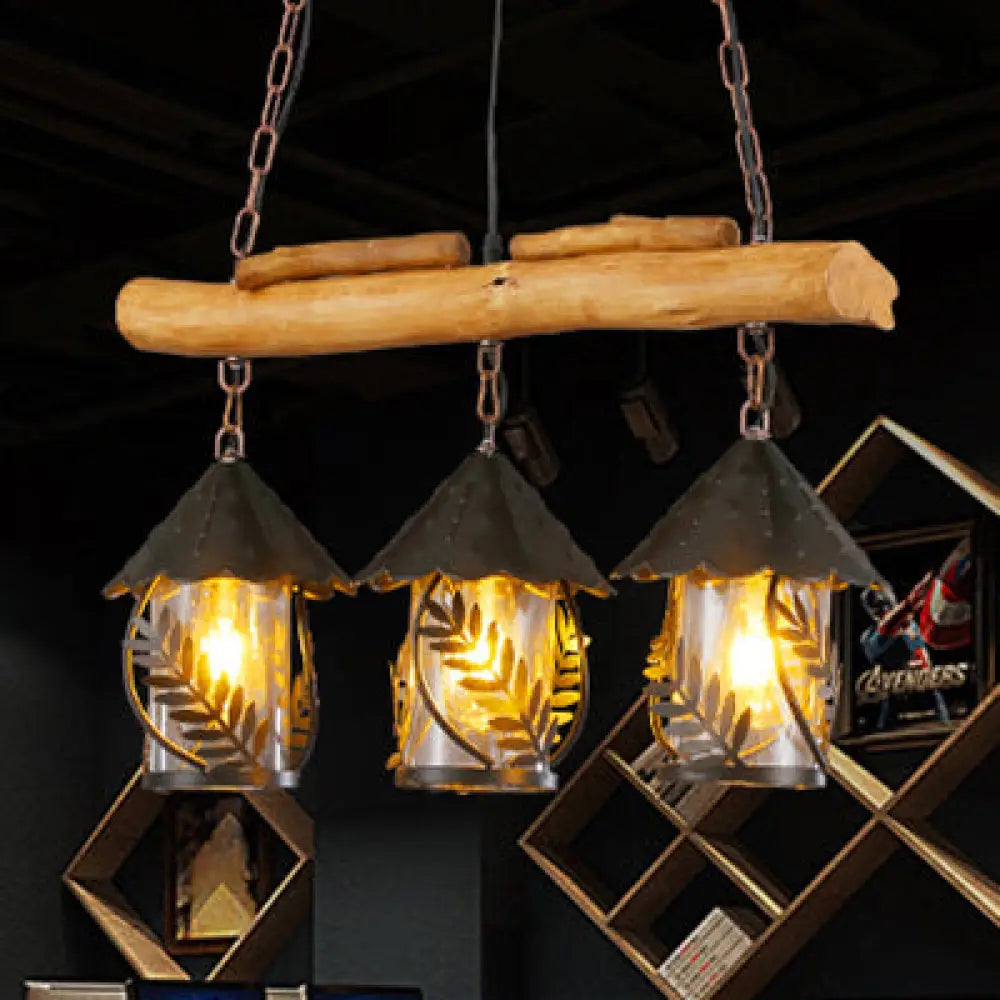 DecorBites™ Rustic 3-Head Pendant Lamp with Leaf Design and Wooden Beam - Lantern Island Lighting