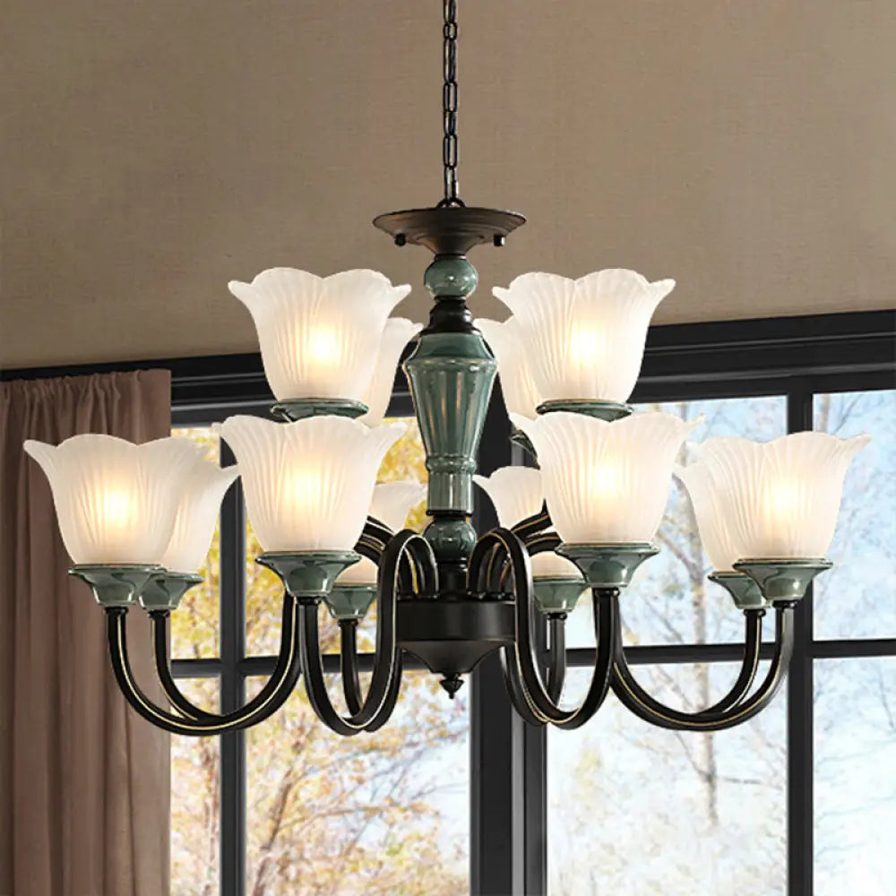 DecorBites™ Rustic Floral Chandelier with Blackish Green Suspension and Frosted Glass for Living Room