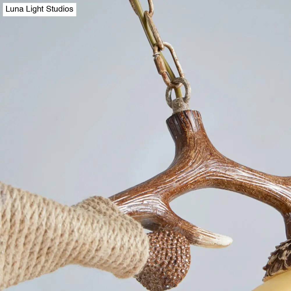 DecorBites™ Rustic Glass Hanging Lamp with Wood and Rope Accents - Bowl Shade Pendant (Amber, 2 Bulbs)