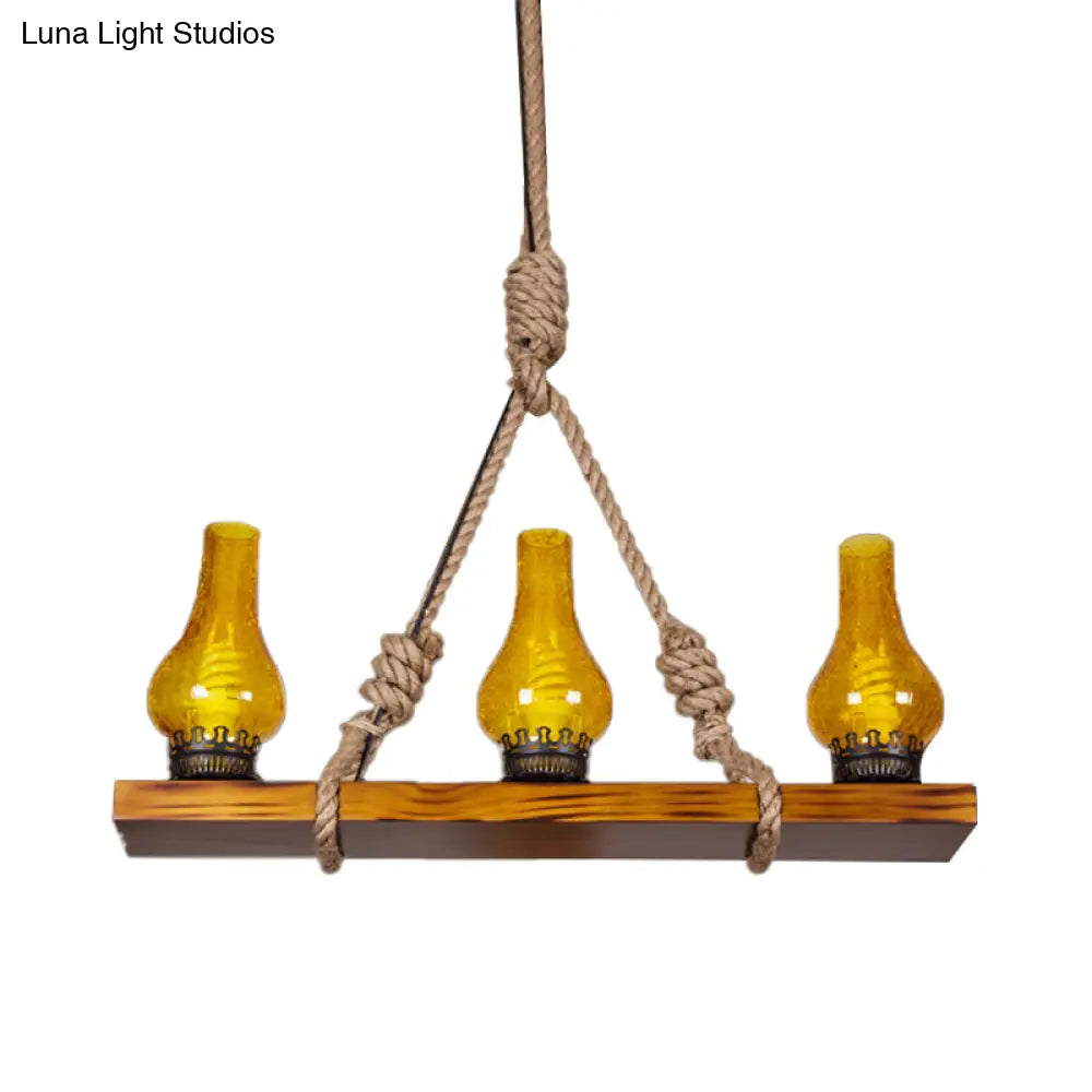DecorBites™ Rustic Loft Pendant Light with Yellow Cracked Glass Shade - Wooden Linear Island Lamp - 3 Lights for Living Room