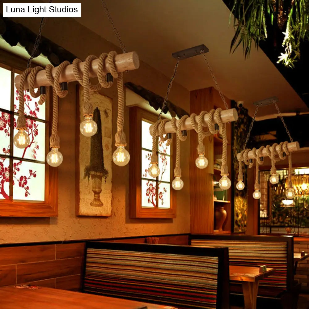 DecorBites™ Rustic Wood and Rope Island Pendant Light Fixture - 4-Head Open Bulb Suspension Lighting