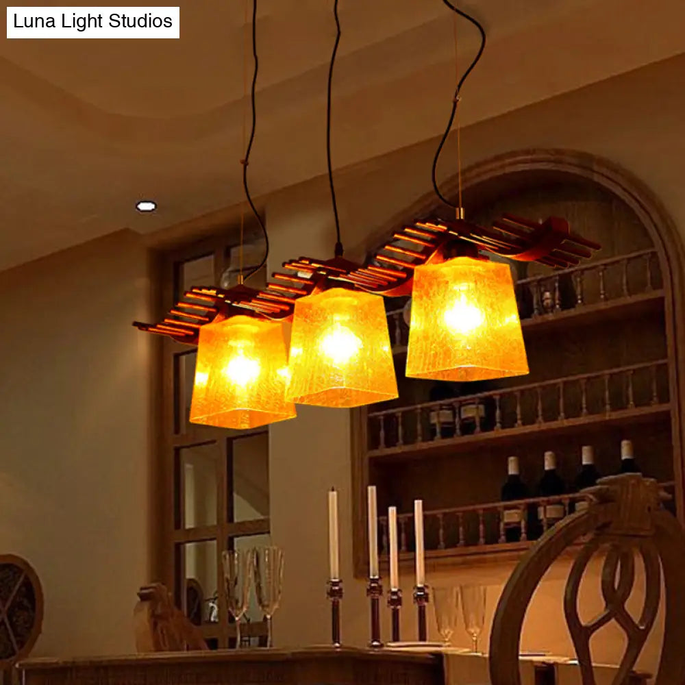 DecorBites™ Rustic Wood Island Lamp with Yellow Crackle Glass Shades for Dining Room - 3 Heads in Brown
