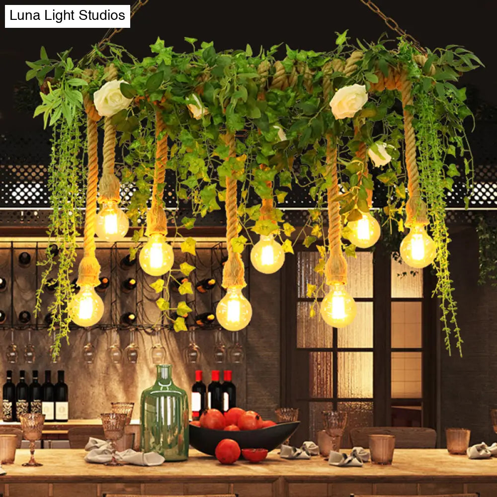 DecorBites™ Rustic Wooden Linear Suspension Lamp: Green Island Light Fixture with Decorative Vines and Rose Accents