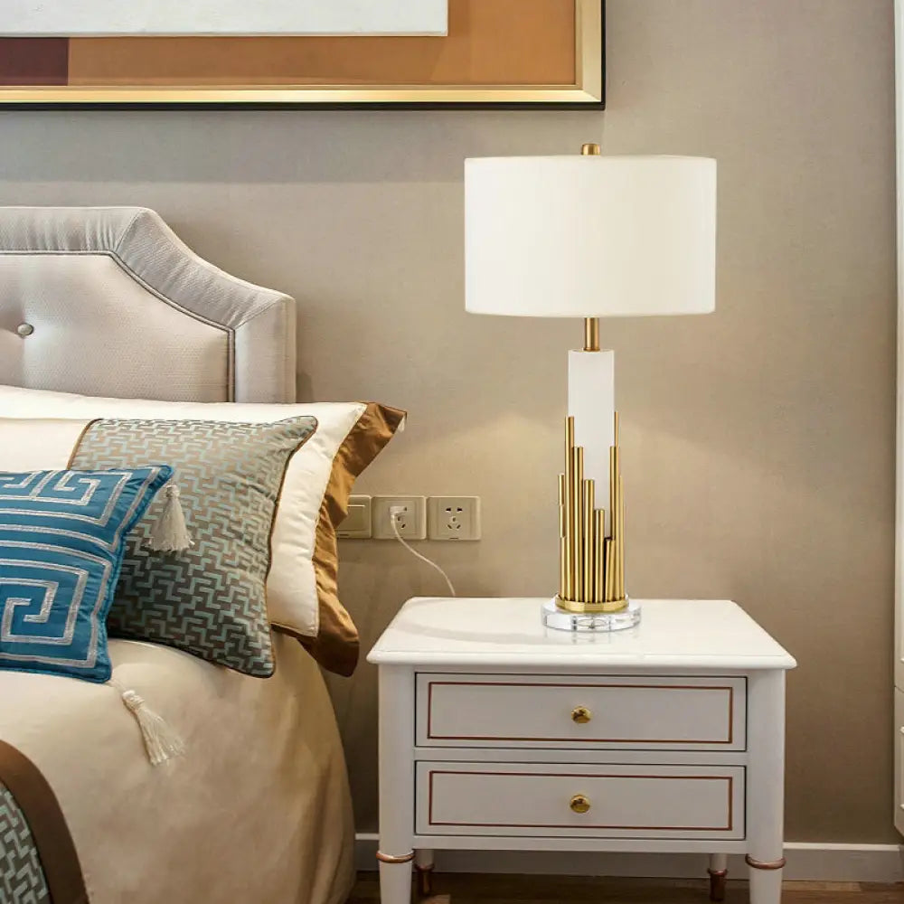 DecorBites™ Simple Style Fabric Drum Shade Table Lamp with White Nightstand Light for Living Room - 1 Bulb