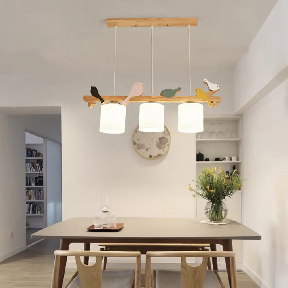 DecorBites™ Simplicity Cream Glass LED Hanging Lamp with Wooden Bird - Dining Room Island Chandelier Light