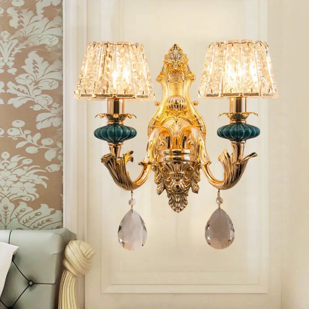 DecorBites™ Small Gold Drum Wall Mount Traditional Seedy Crystal Bedroom Wall Lamp Fixture