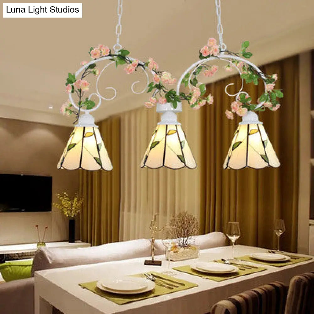 DecorBites™ Tiffany Style Island Pendant Light Kit with Stainless Glass Cone Shades - Pink/White, 3 Heads, Leaf Pattern