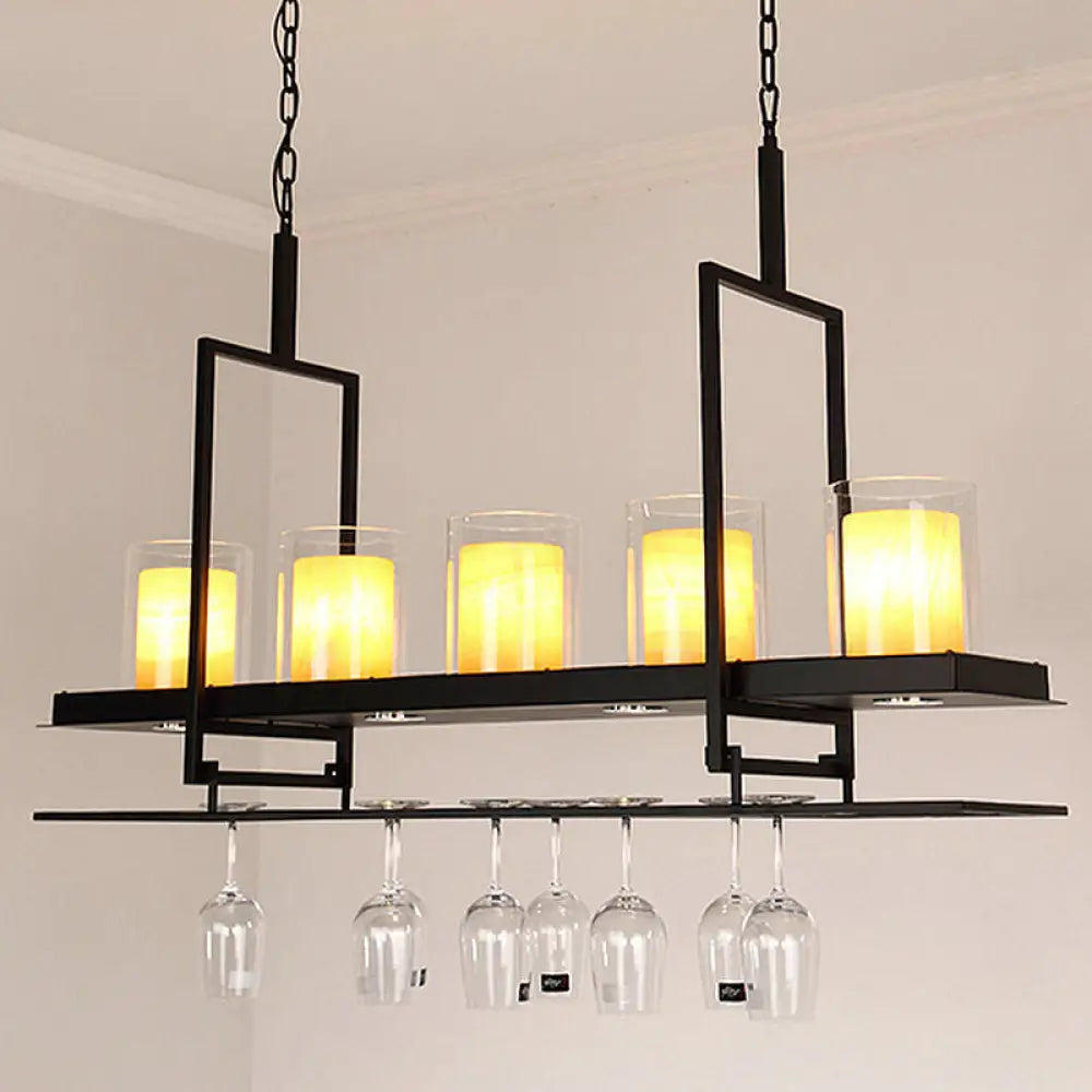DecorBites™ Traditional Black Marble Pendant Light with Metal Wine Glass Rack - 3/5 Heads Cylinder Island Fixture