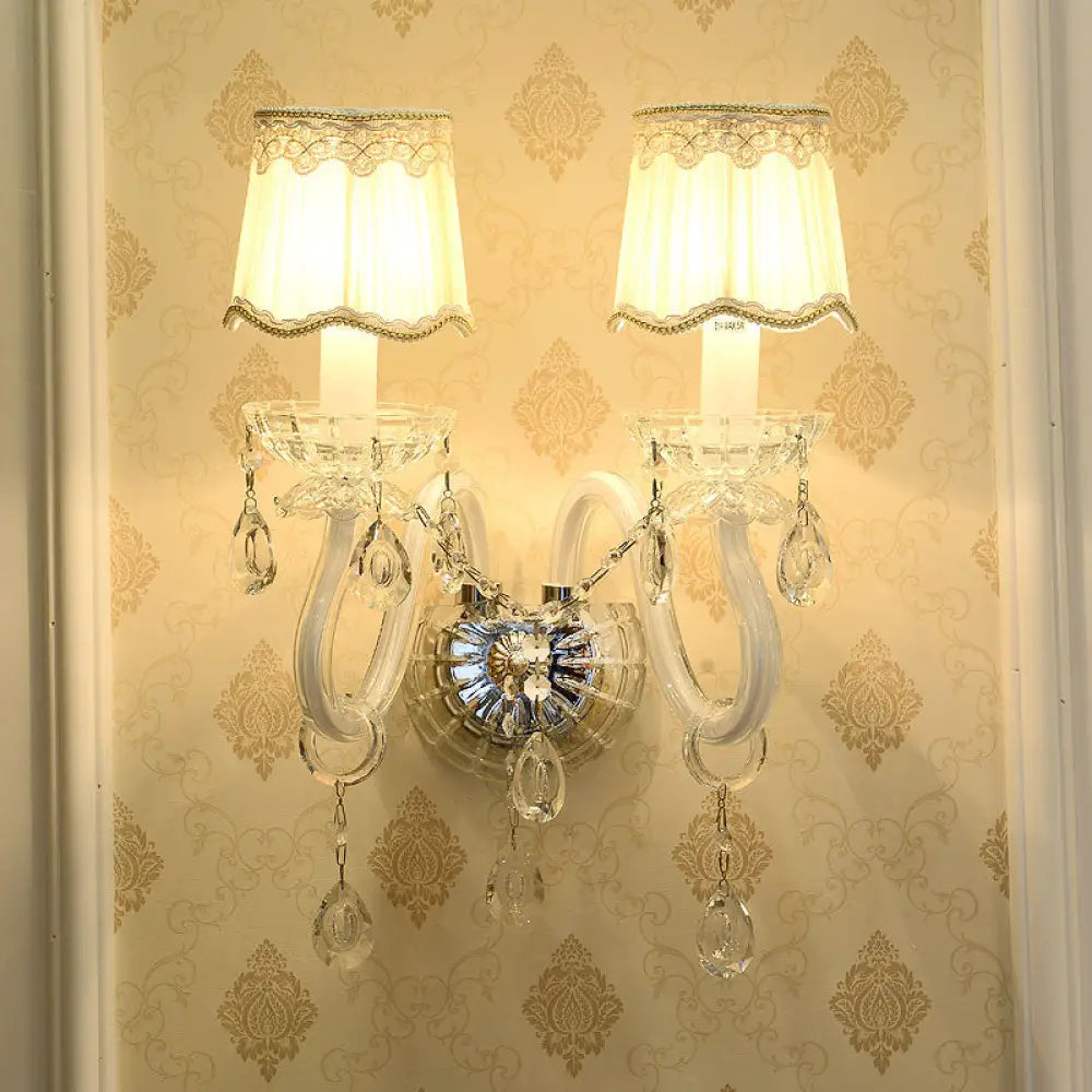 DecorBites™ Traditional White Candle Wall Lamp with Clear Crystal Accent and Scalloped Fabric Shade