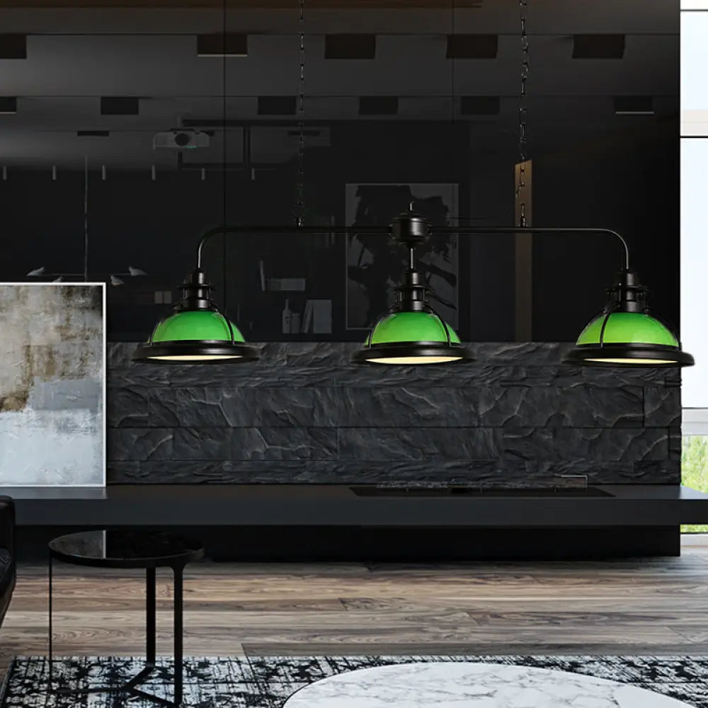 DecorBites™ White/Green Glass Dome Pendant Lighting with Industrial Vibe - 3 Lights, Ideal for Dining Table, Includes Chain