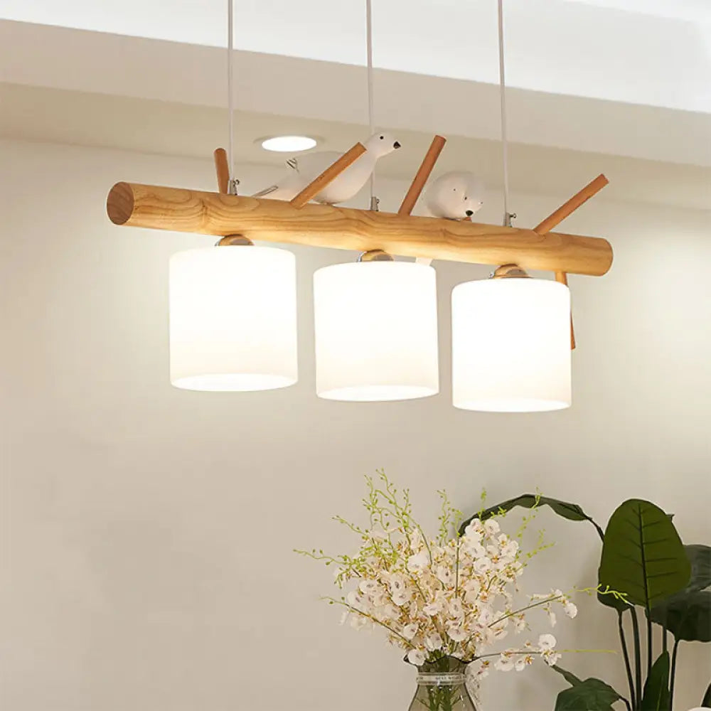 DecorBites™ Wooden Hanging Chandelier with 2/3 Lights, Glass Cylinder Shade and Bird Décor - Ideal for Dining Room or Island Lighting