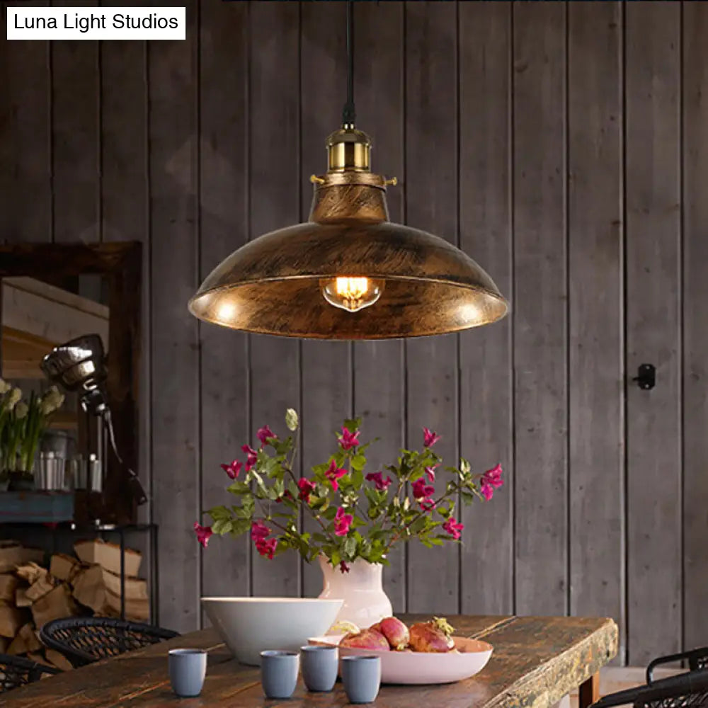 DecorBites™ Wrought Iron Dome Industrial Ceiling Fixture Pendant Lighting - 12"/14" Diameter, 1 Light - Weathered Brass/Black
