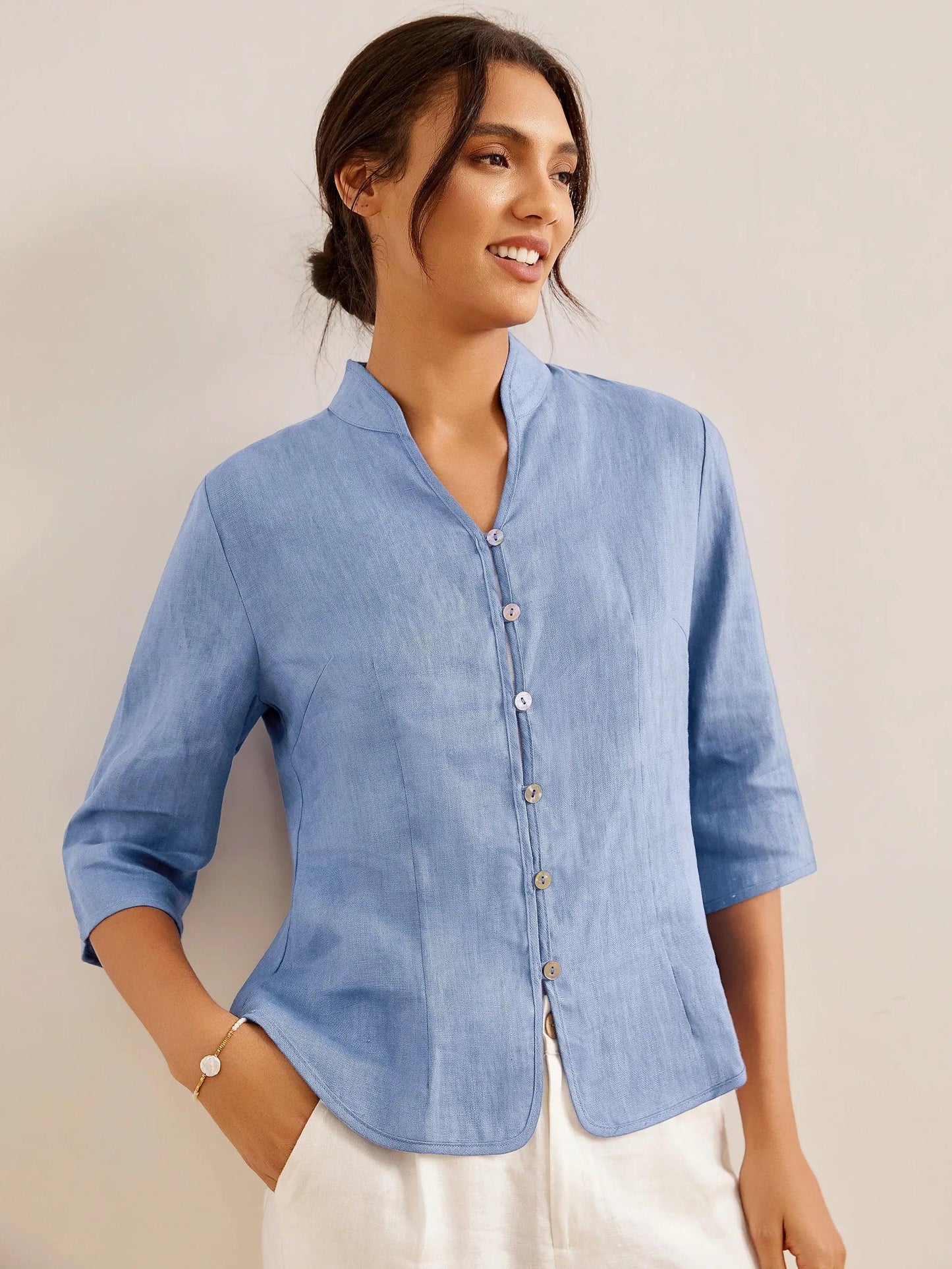 100% Linen Hand Button Fitted Jacket AMELIA