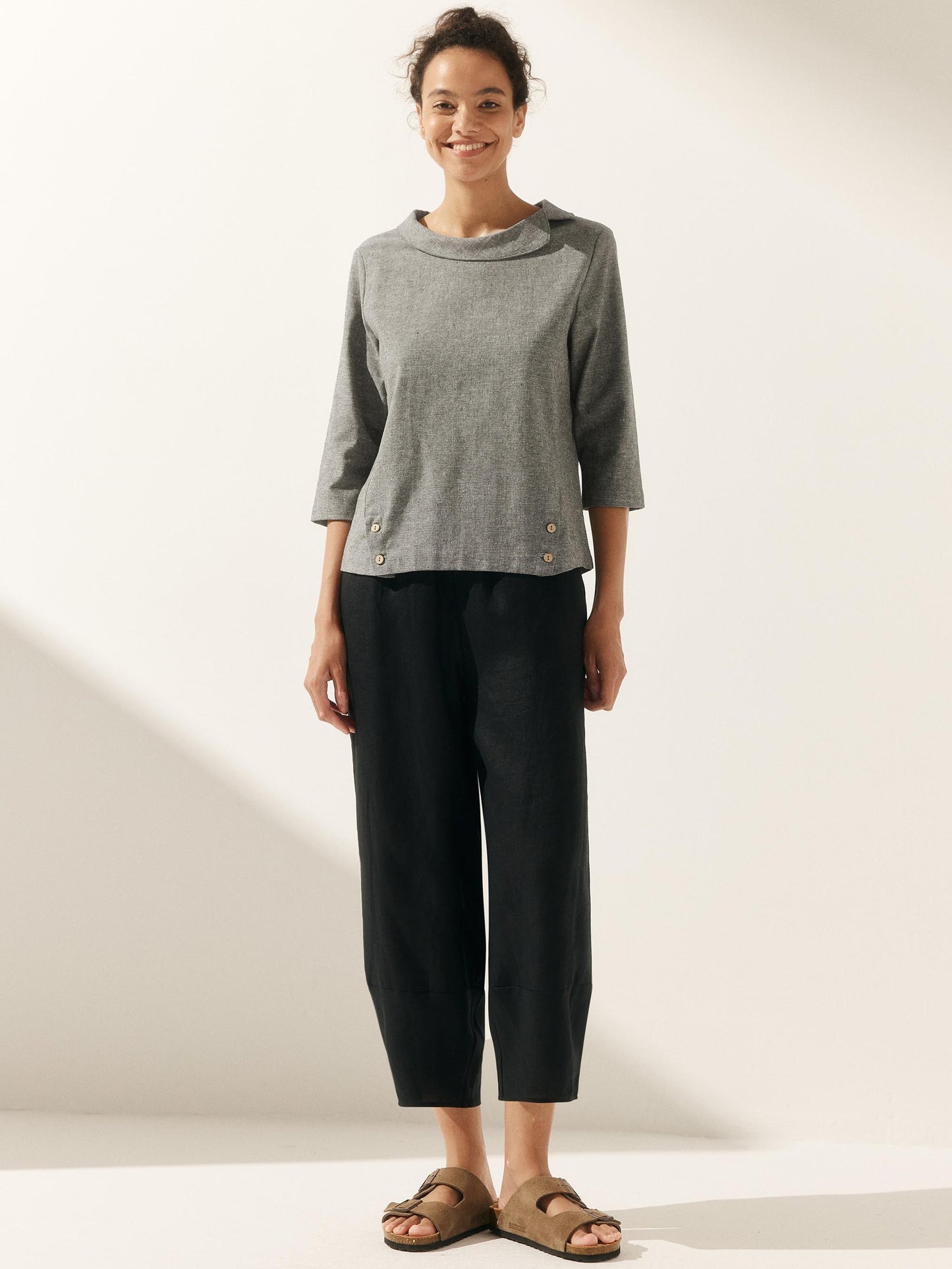 Linen Gingham Checked Round Soft-Fold Collar Top LAURA