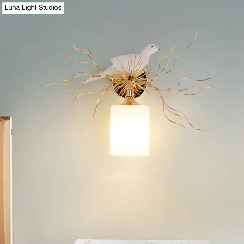 DecorBites™ 1-Head White Glass Wall Lamp for Bedroom - Loft Cylinder Lighting with Bird Accent