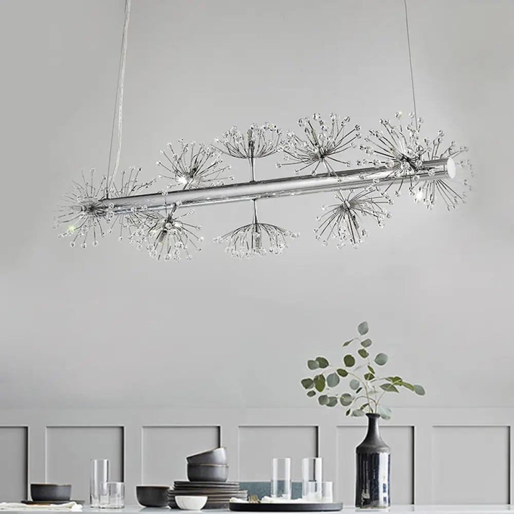 DecorBites™ 10-Head Clear Crystals Island Lamp: Contemporary Chrome Dandelion Pendant Lighting for Dining Room