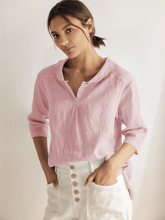100% Linen Shawl V-Neck Half Sleeve Top JADE