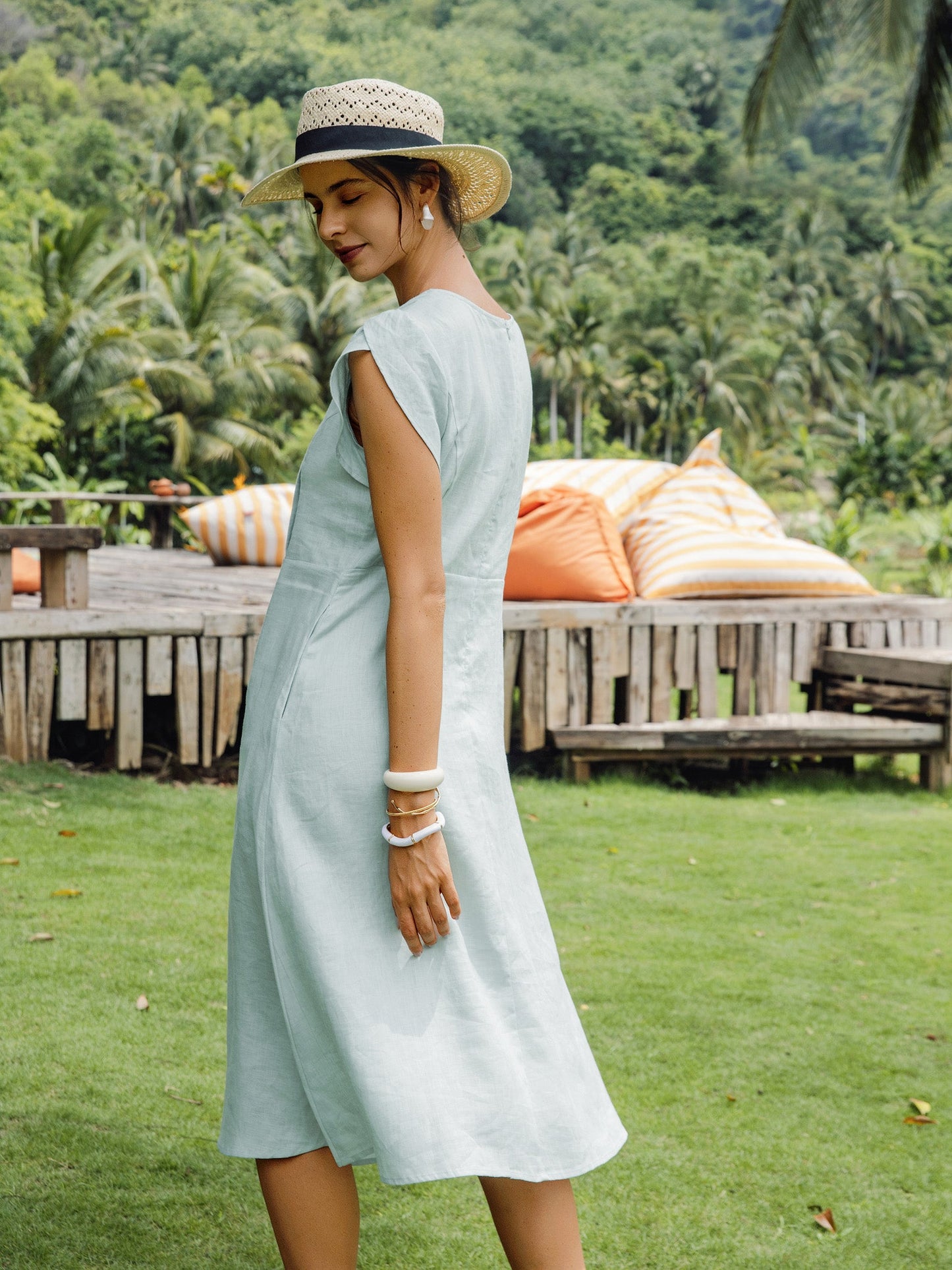 100% Linen Crescent Collar Flutter Sleeve Midi Dress FIONA