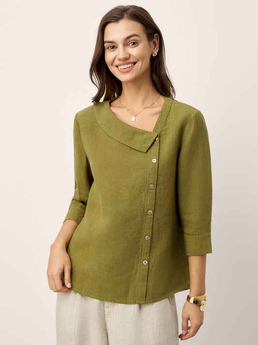 100% Linen Crescent Neck Button Detail 3/4 Sleeve Top ADALYN