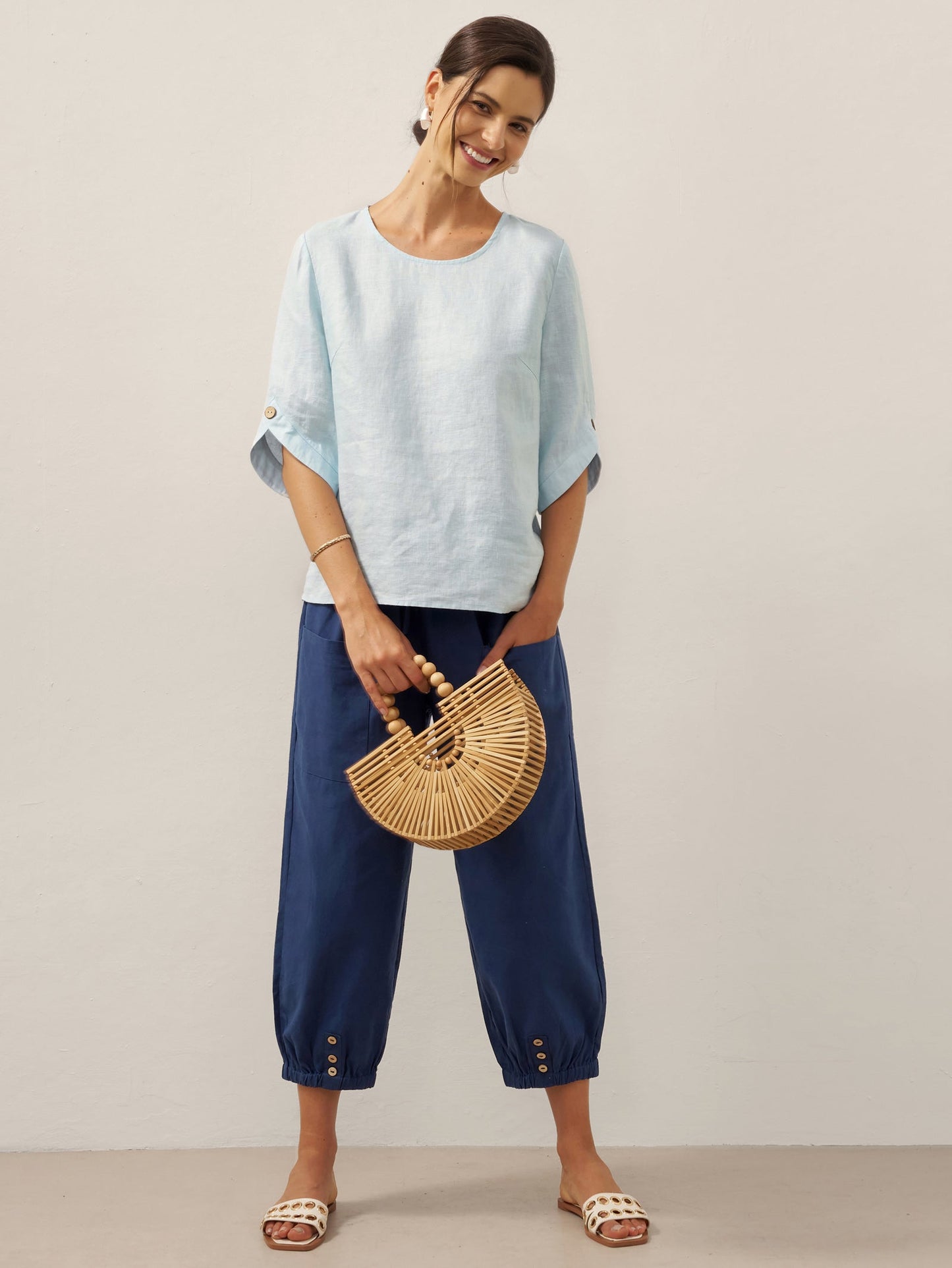 100% Linen Elbow Sleeve Pullover Top NOLA