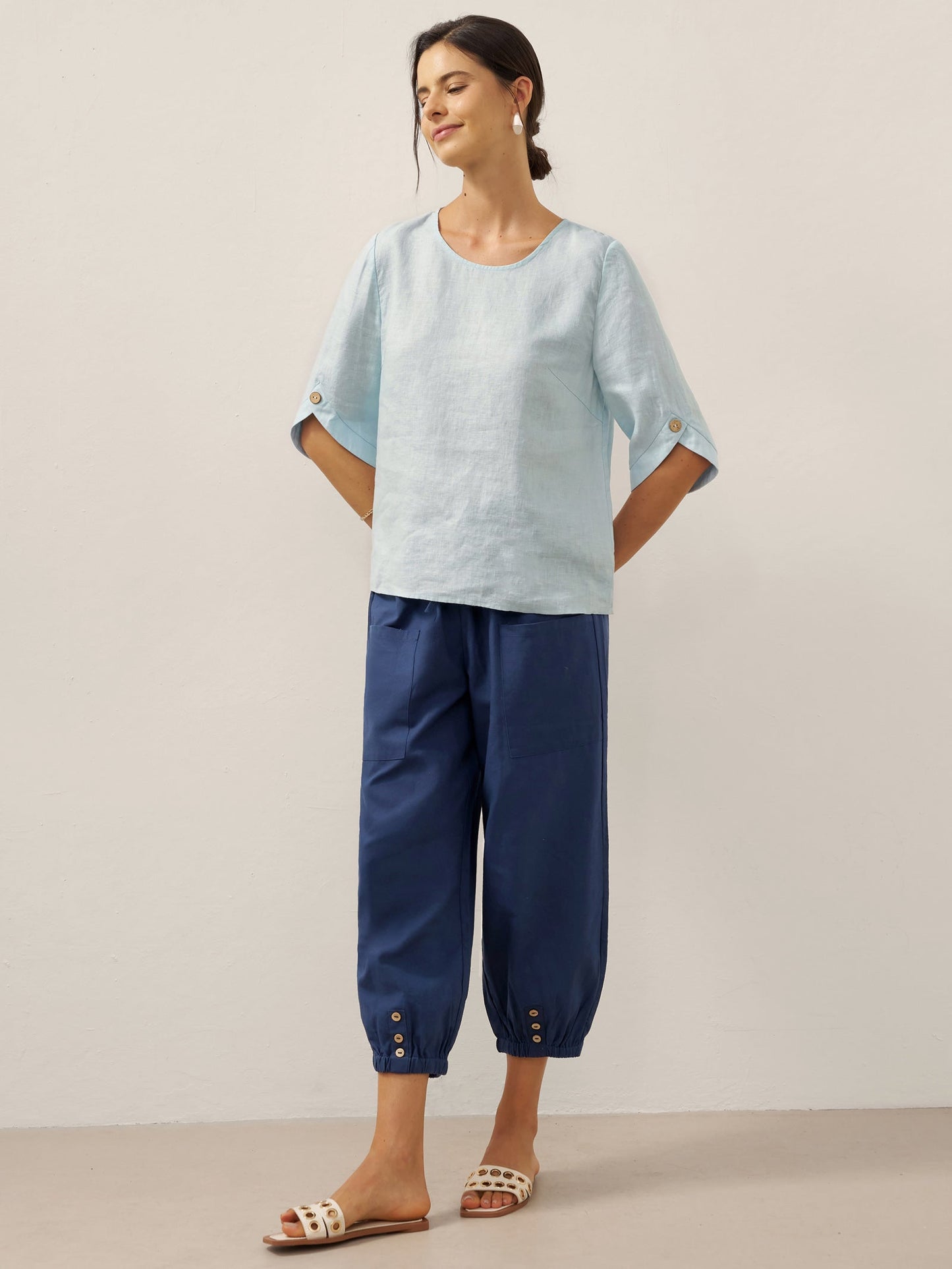 100% Linen Elbow Sleeve Pullover Top NOLA