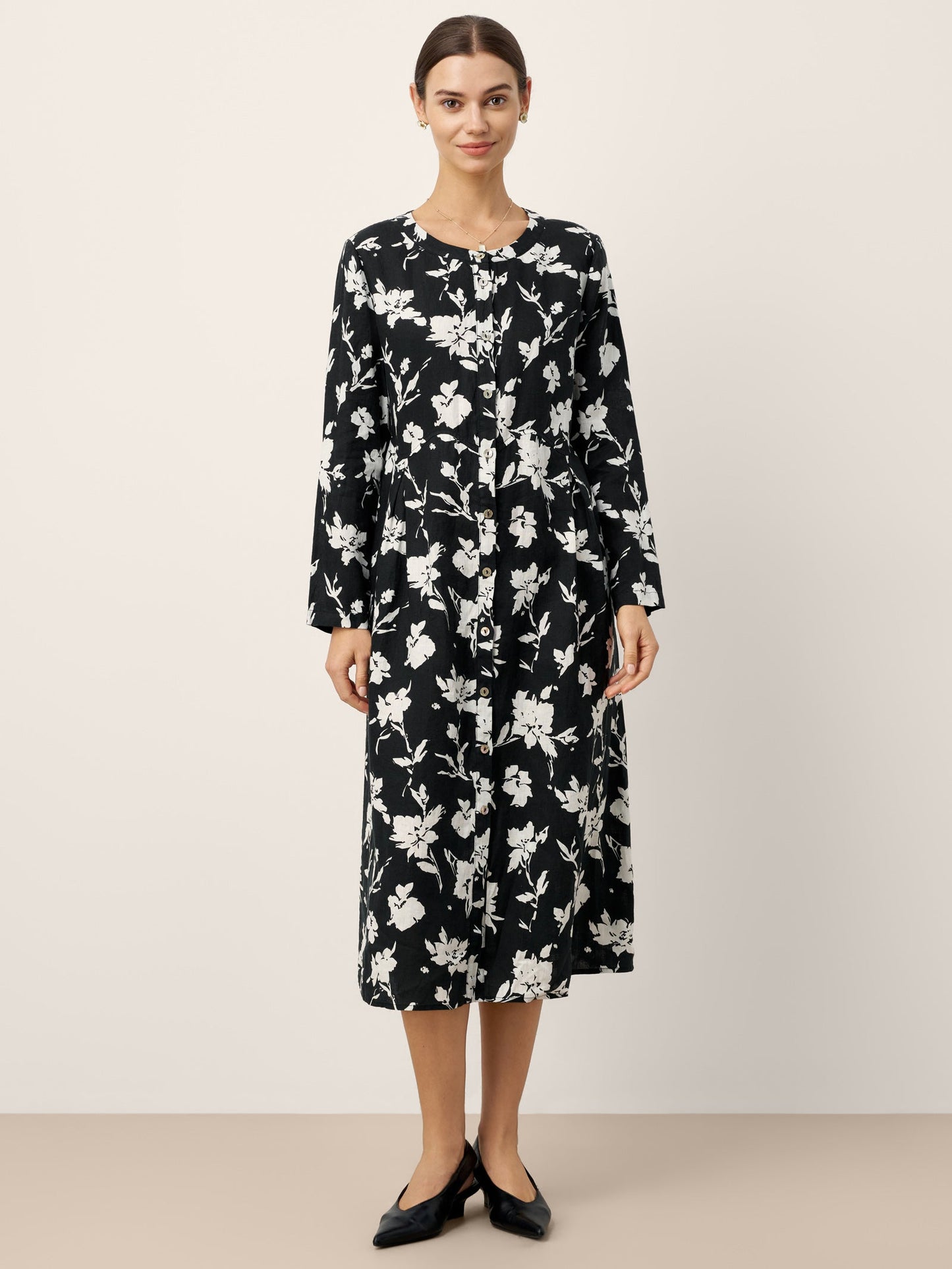 100% Linen Floral Printed Gathered Maxi Dress ELODIE