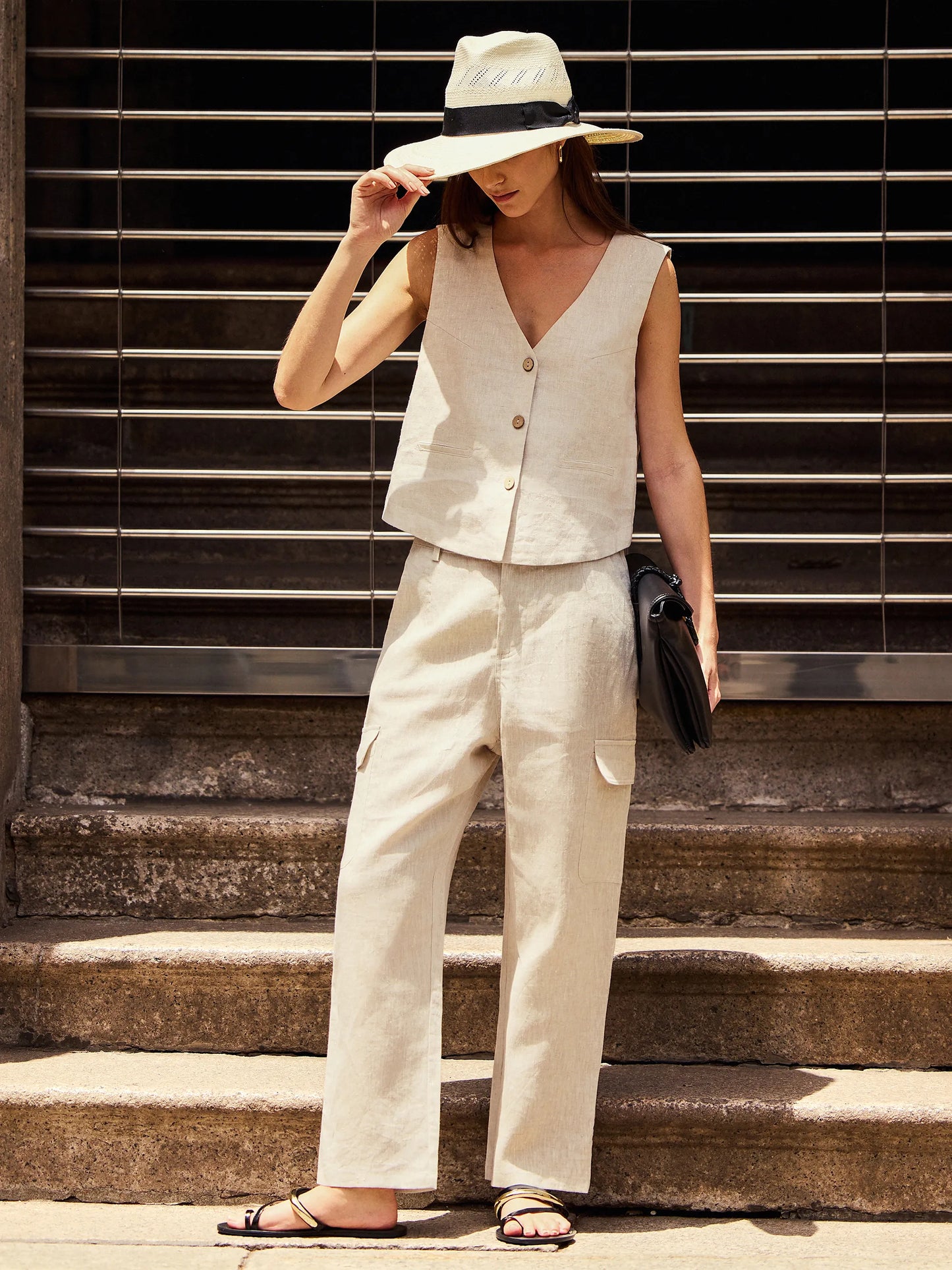 100% Linen V-Neck Buttoned Closure Vest DELIA