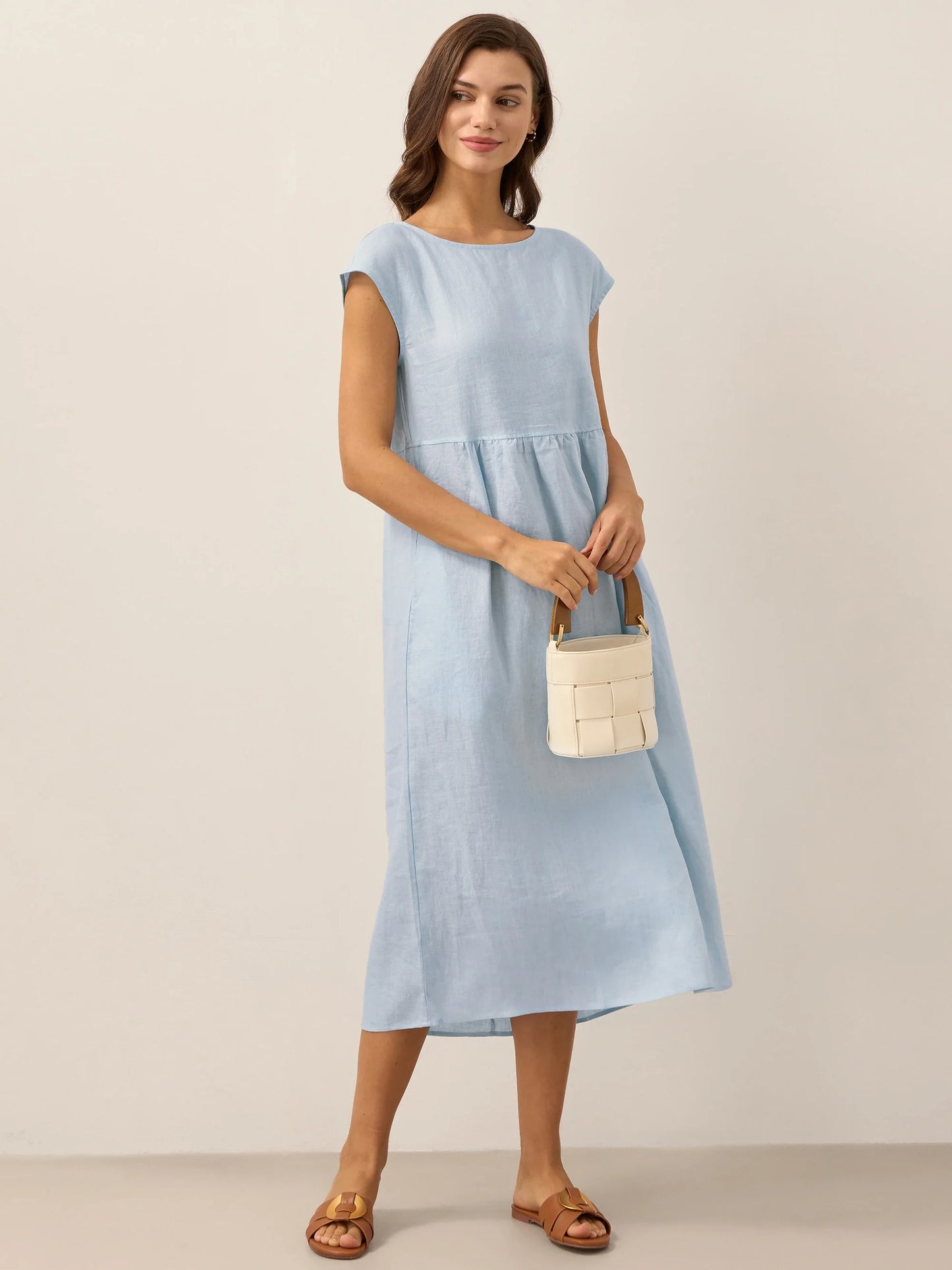100% Linen Cap Sleeve Washed Maxi Dress JOAN
