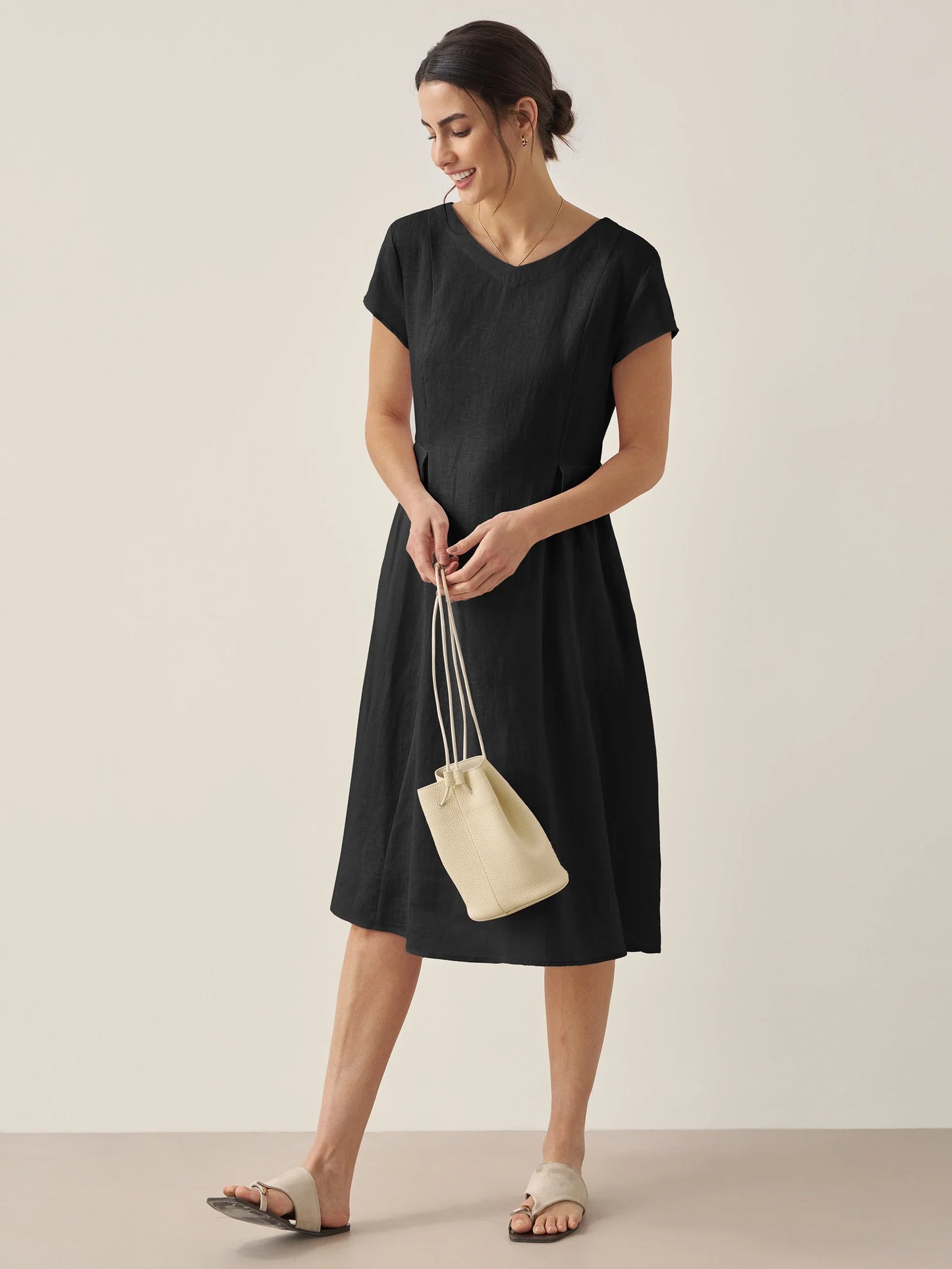 100% Linen Natural Summer V-Neck Dress ALEXA