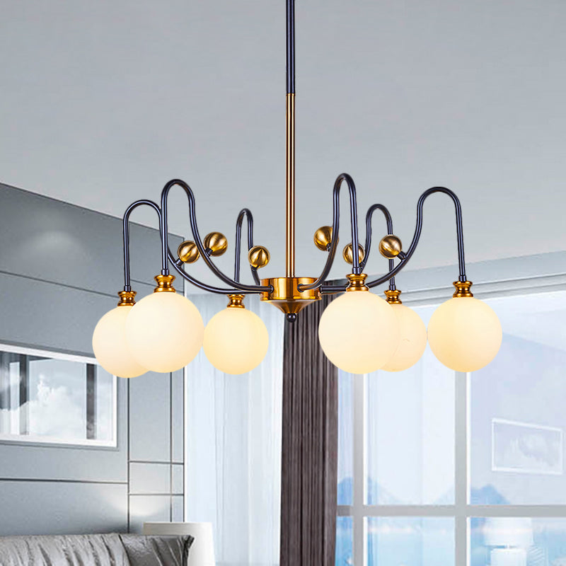DecorBites™ Sleek Opal Glass Pendant Chandelier - Modernist Spherical Down Lighting - Black-Gold Finish - 6/9 Bulb Option for Living Room