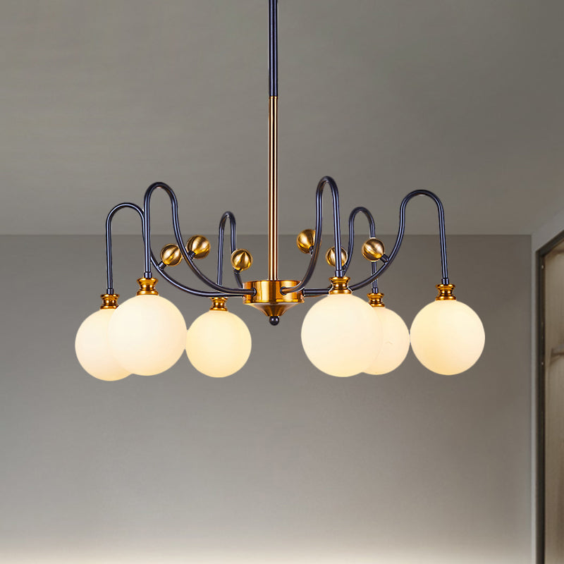 DecorBites™ Sleek Opal Glass Pendant Chandelier - Modernist Spherical Down Lighting - Black-Gold Finish - 6/9 Bulb Option for Living Room