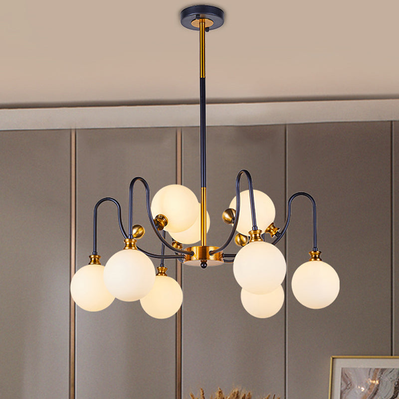 DecorBites™ Sleek Opal Glass Pendant Chandelier - Modernist Spherical Down Lighting - Black-Gold Finish - 6/9 Bulb Option for Living Room