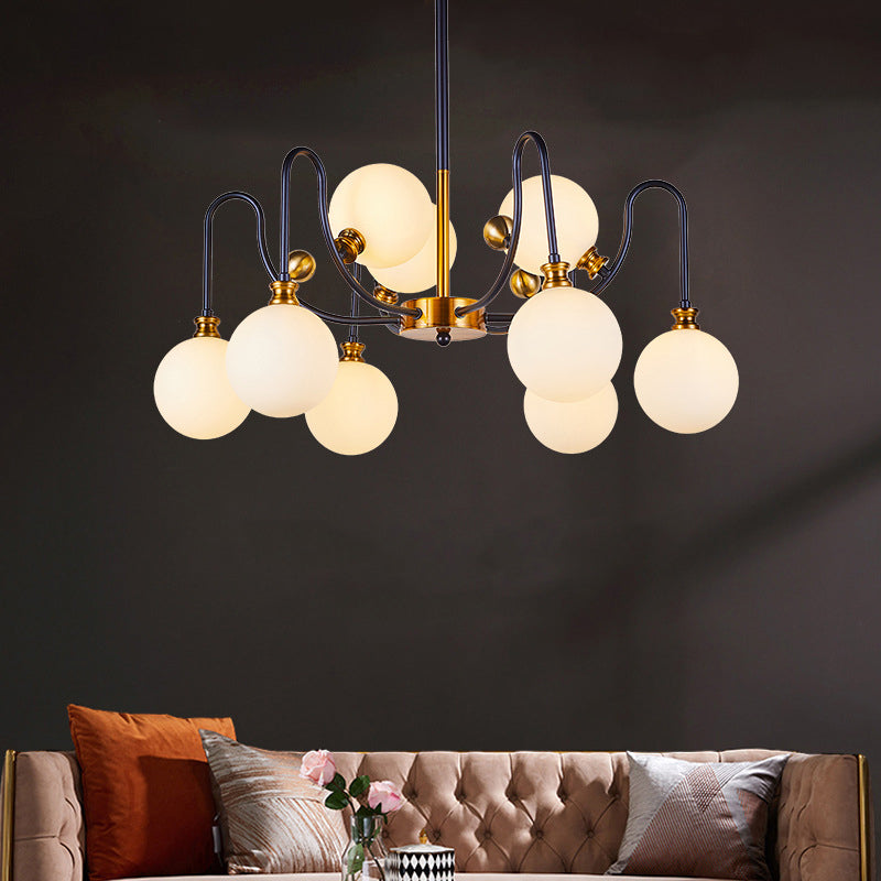 DecorBites™ Sleek Opal Glass Pendant Chandelier - Modernist Spherical Down Lighting - Black-Gold Finish - 6/9 Bulb Option for Living Room