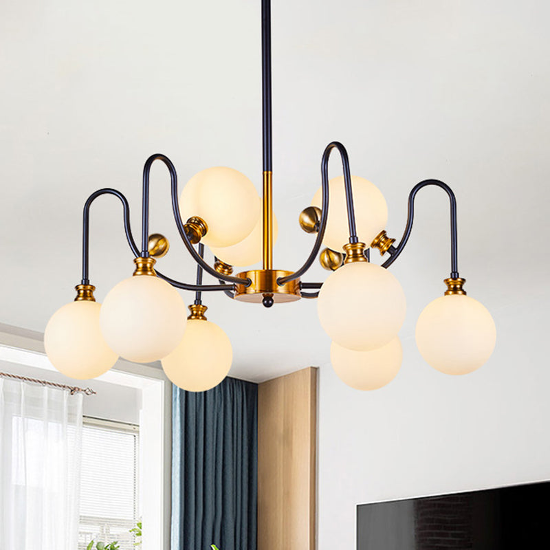 DecorBites™ Sleek Opal Glass Pendant Chandelier - Modernist Spherical Down Lighting - Black-Gold Finish - 6/9 Bulb Option for Living Room