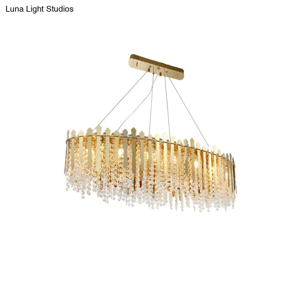 DecorBites™ 14-Light Gold Elliptical Island Pendant with Clear Crystal Beads - Luxurious Hanging Light Fixture