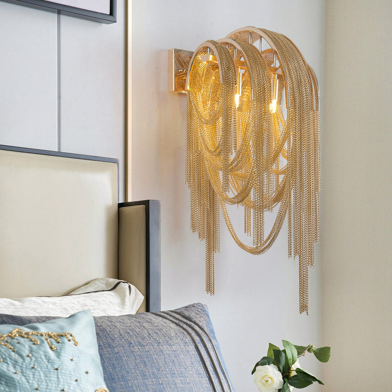 DecorBites™ Mid Century Gold/Silver Stacked Tassel Wall Lamp - 2 Bulb Metallic Sconce Light Fixture for Hotel