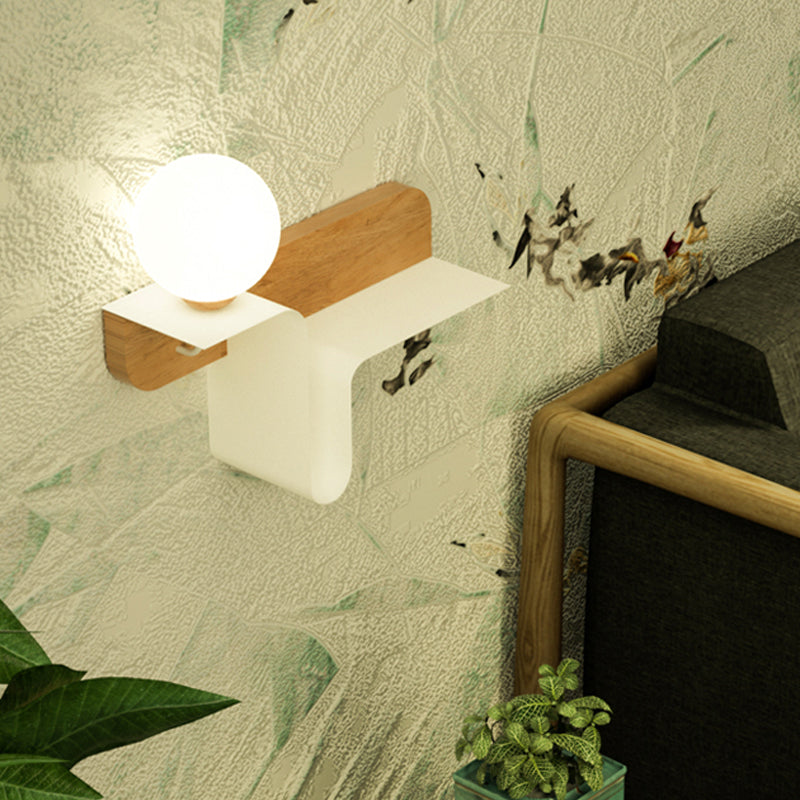 DecorBites™ Nordic Opal Frosted Glass Sconce: Orb 1 Bulb Wall Mounted Lamp with White-Wood Shelf (Left/Right)