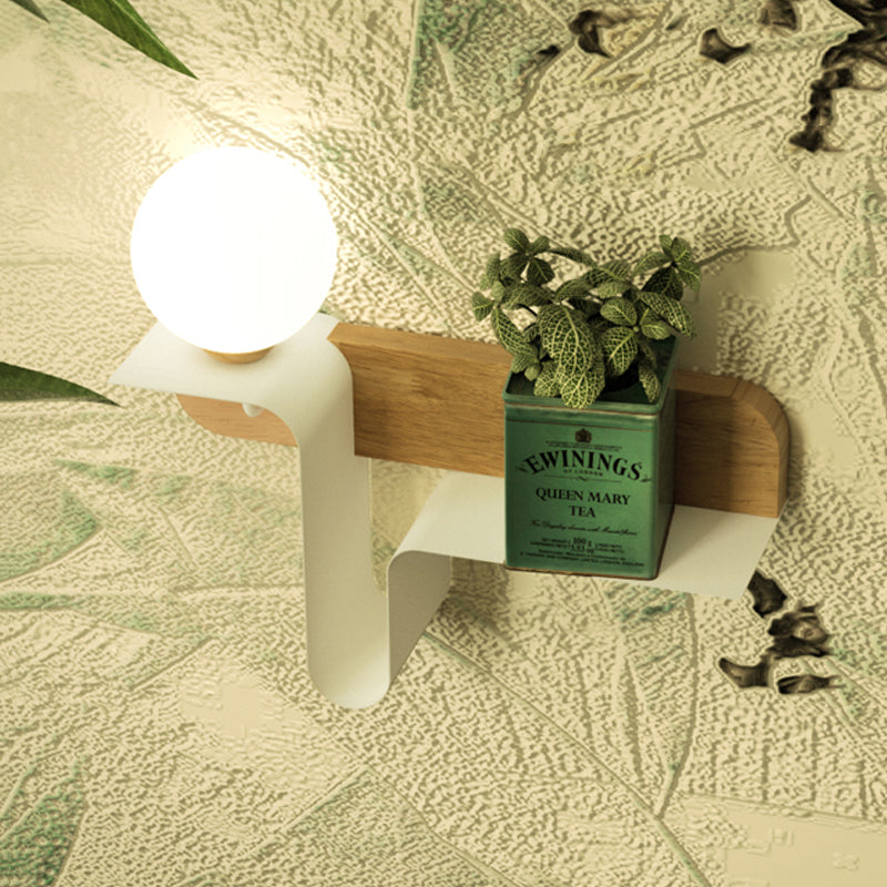 DecorBites™ Nordic Opal Frosted Glass Sconce: Orb 1 Bulb Wall Mounted Lamp with White-Wood Shelf (Left/Right)