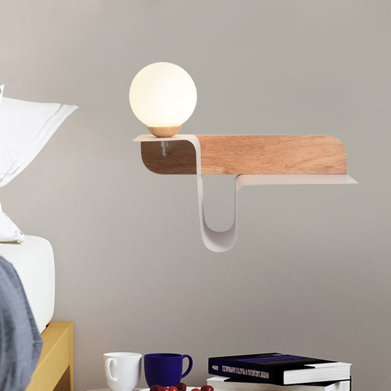 DecorBites™ Nordic Opal Frosted Glass Sconce: Orb 1 Bulb Wall Mounted Lamp with White-Wood Shelf (Left/Right)