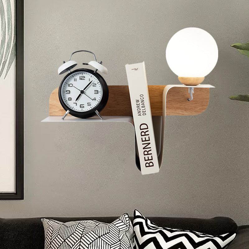 DecorBites™ Nordic Opal Frosted Glass Sconce: Orb 1 Bulb Wall Mounted Lamp with White-Wood Shelf (Left/Right)
