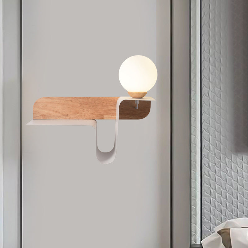 DecorBites™ Nordic Opal Frosted Glass Sconce: Orb 1 Bulb Wall Mounted Lamp with White-Wood Shelf (Left/Right)