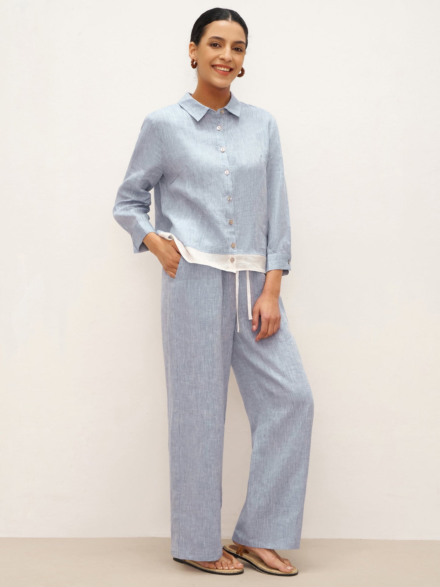 100% Linen Buttoned Closure Color-Blocked Shirt JANICE