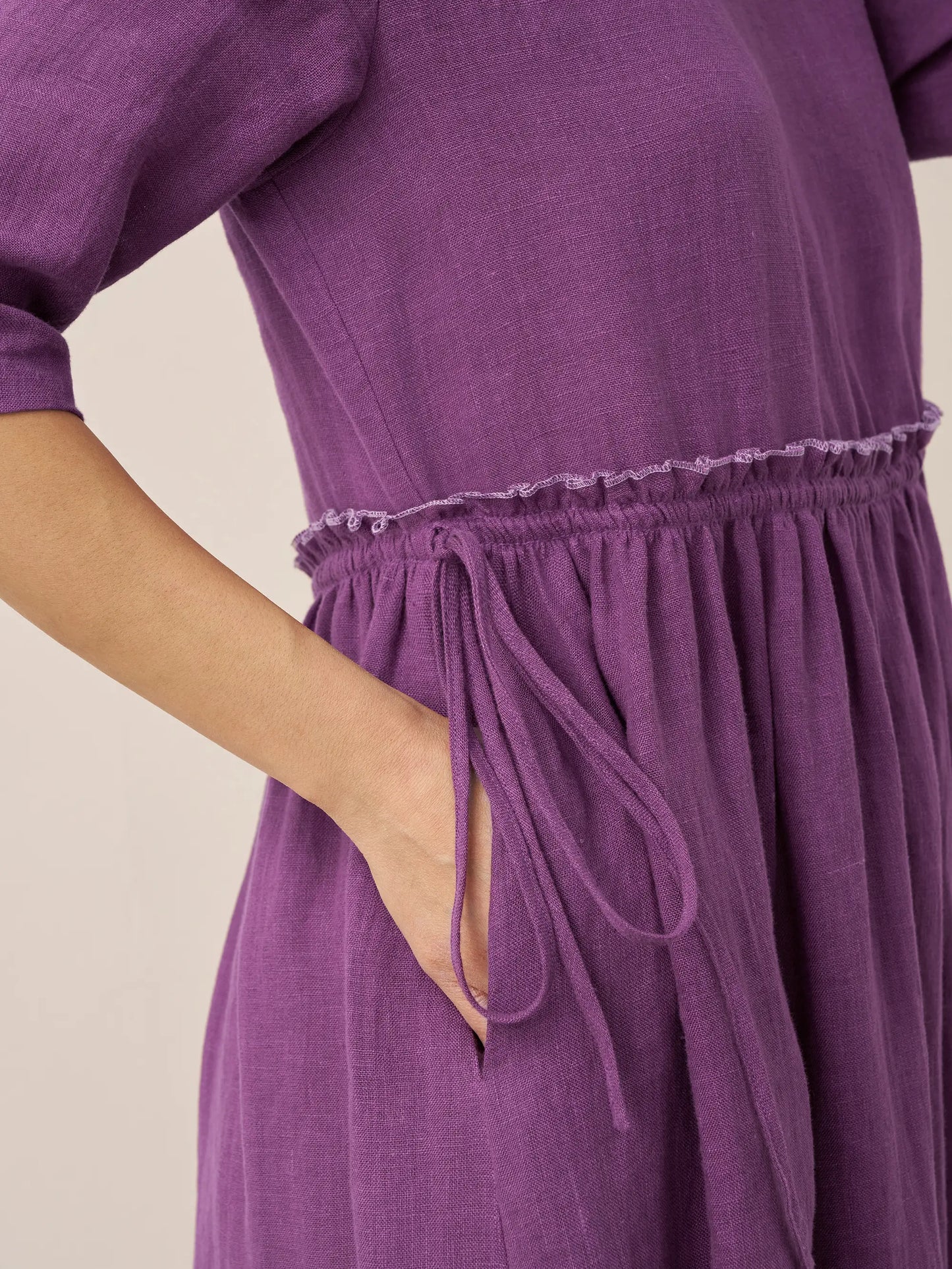 100% Linen Petal-Waist Drawstring Midi Dress JASMINE