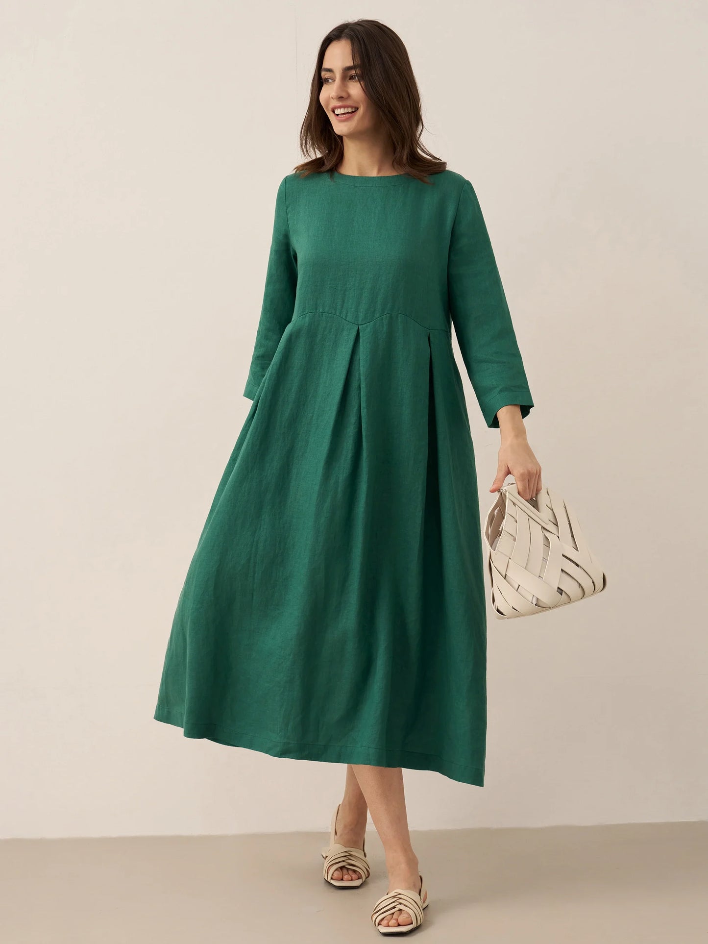 100% Linen Bateau Neck Pleated Maxi Dress ABIGAIL