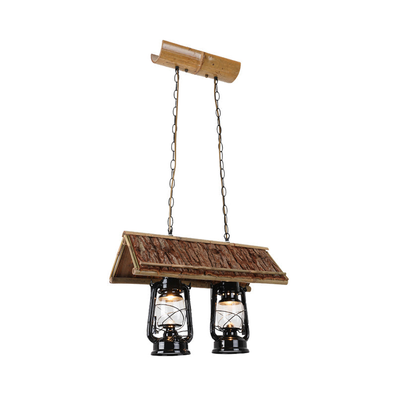 DecorBites™ Farmhouse 2-Light Black Iron Pendant with Clear Glass Shade - Stylish Kerosene Island Hanging Light Fixture for Restaurants - Wood Roof Deco