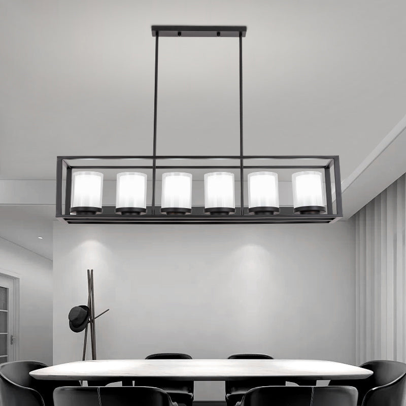 DecorBites™ Traditional Cylinder Glass Island Light with Black Rectangle Frame - 3/6 Lights Dining Room Hanging Fixture