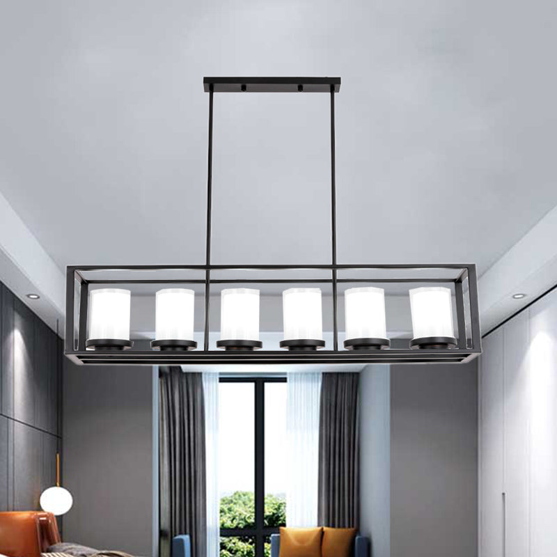 DecorBites™ Traditional Cylinder Glass Island Light with Black Rectangle Frame - 3/6 Lights Dining Room Hanging Fixture