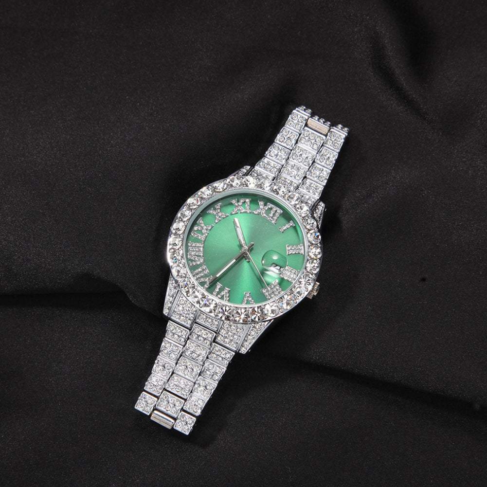 Hip-hop watch with Roman numerals and diamonds, large dial
