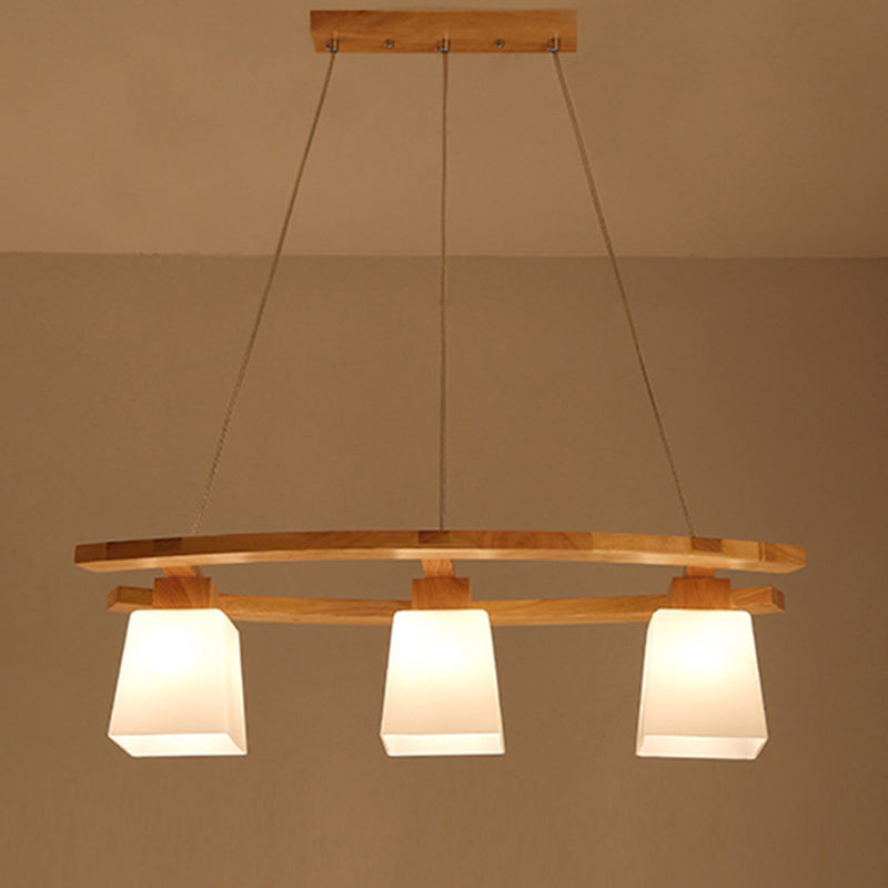 DecorBites™ Ivory Glass Trapezoid Island Lamp - 3-Bulb Minimalist Pendant Light in Wood for Dining Room
